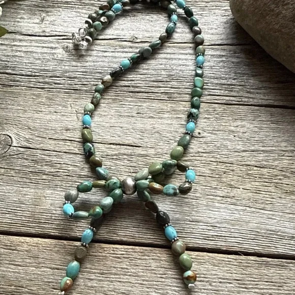 Bow Blue Green Turquoise Sterling Silver Pearls Bead Necklace. 18 Inch. Gift